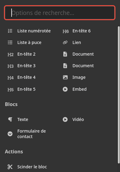 Exemple d'outils disponibles dans un éditeur Wagtail